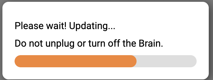 VEXcode EXP Update-prompt met een voortgangsbalk en een bericht met de tekst Even geduld! Tijdens de update mag u de Brain niet loskoppelen of uitschakelen.