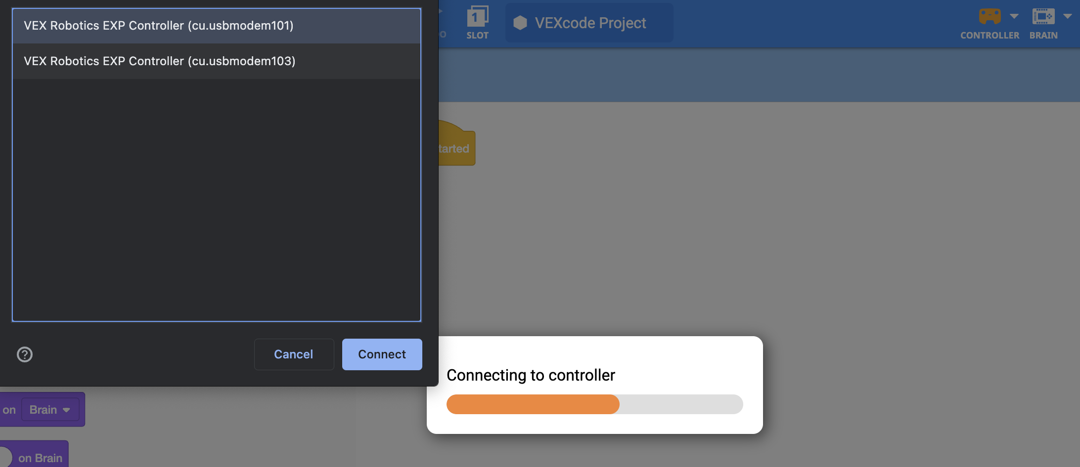 نافذة اتصال المتصفح، مع عنصرين بعنوان VEX Robotics EXP Controller. إذا كان أحد العناصر له رقم معرف 101 والآخر هو 103، يتم تحديد العنصر الذي يحمل رقم معرف 101.