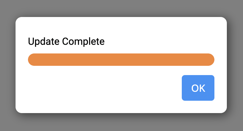 Výzva VEXcode EXP Update Complete s textem Update Complete. Dole je tlačítko OK.