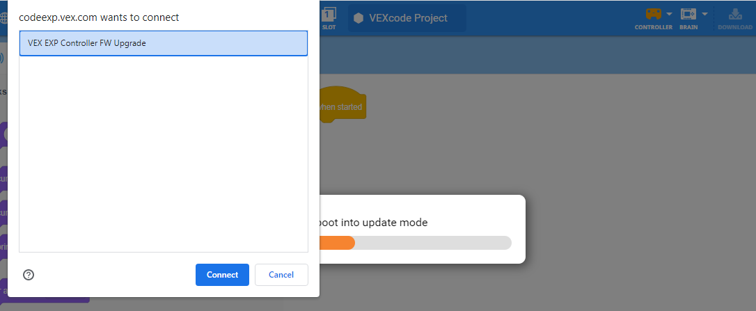 ブラウザ接続ウィンドウ。VEX EXP コントローラー FW アップグレードという項目が選択されています。