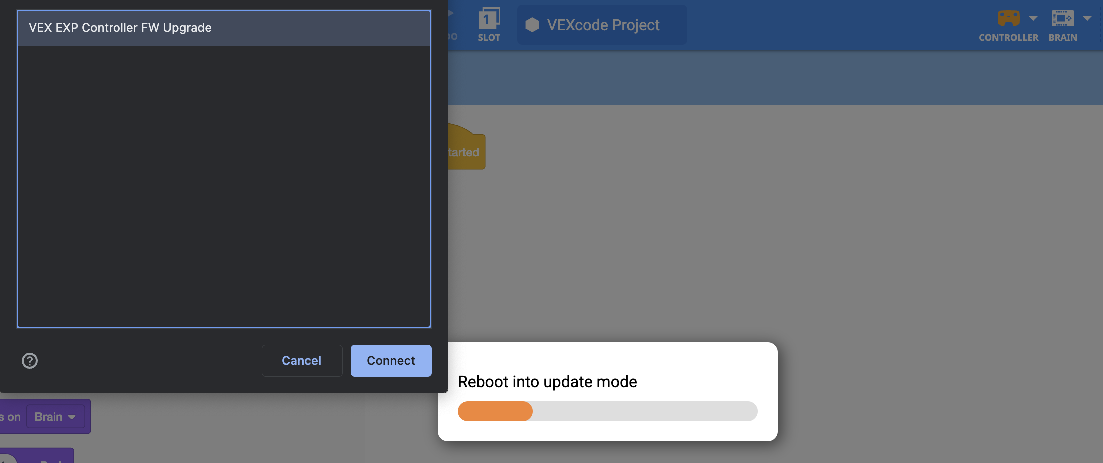 Böngésző csatlakozási ablaka, egy kiválasztott elemmel, melynek címe: VEX EXP vezérlő firmware-frissítése.