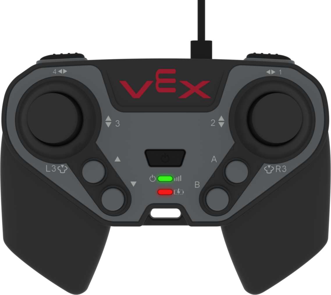 Controlador EXP ligado a um computador com um cabo USB-C. O LED indicador de energia está aceso a verde e o LED indicador de carga está aceso a vermelho. Isto indica que o controlador está a carregar e está quase totalmente carregado.