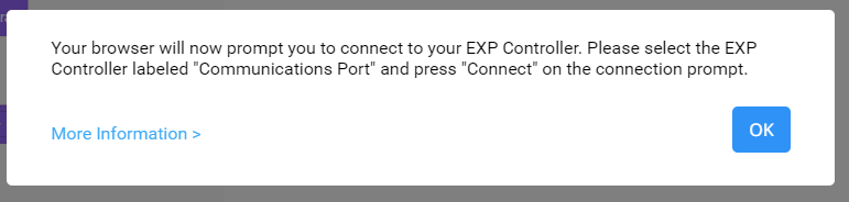 „VEXcode EXP Connect Controller“ raginimas su pranešimu. Jūsų naršyklė dabar paragins jus prisijungti prie EXP valdiklio. Pasirinkite EXP valdiklį, pažymėtą „Ryšio prievadas“, ir ryšio eilutėje paspauskite „Prisijungti“. Žemiau yra nuoroda į „Daugiau informacijos“ ir mygtukas „Gerai“.