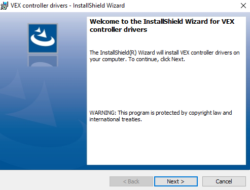 Finestra di installazione della procedura guidata Shield per i driver del controller VEX. Viene visualizzato il messaggio Install Shield Wizard installerà i driver del controller VEX sul computer. Per continuare, fare clic su Avanti.