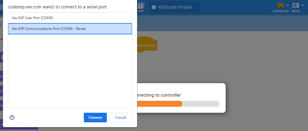 Finestra di connessione del browser con due elementi. Un elemento riporta la porta di comunicazione VEX EXP COM6, mentre l'altro elemento riporta la porta utente VEX EXP COM5. È selezionata la voce denominata Porta di comunicazione.