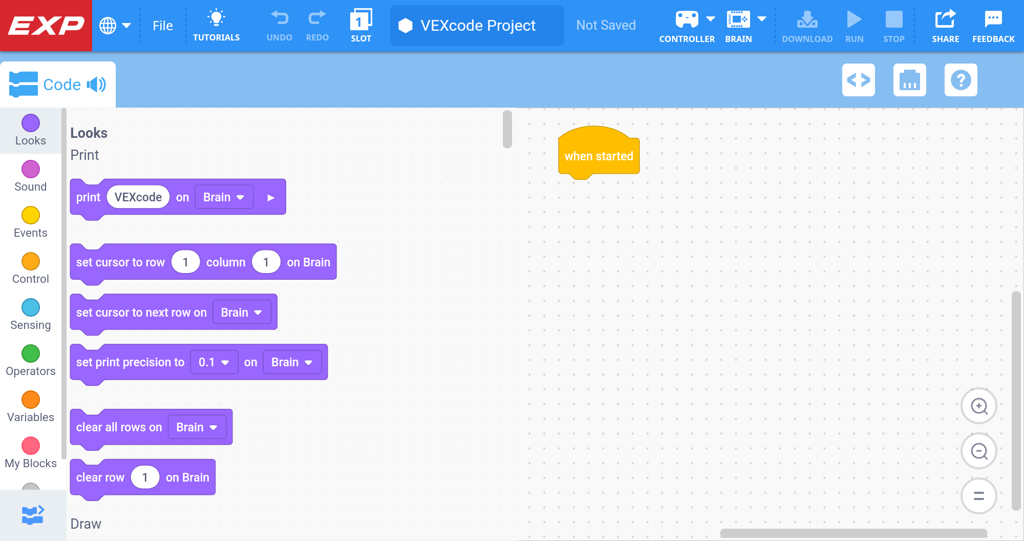 VEXcode EXP-applicatie geopend op een Android-apparaat.