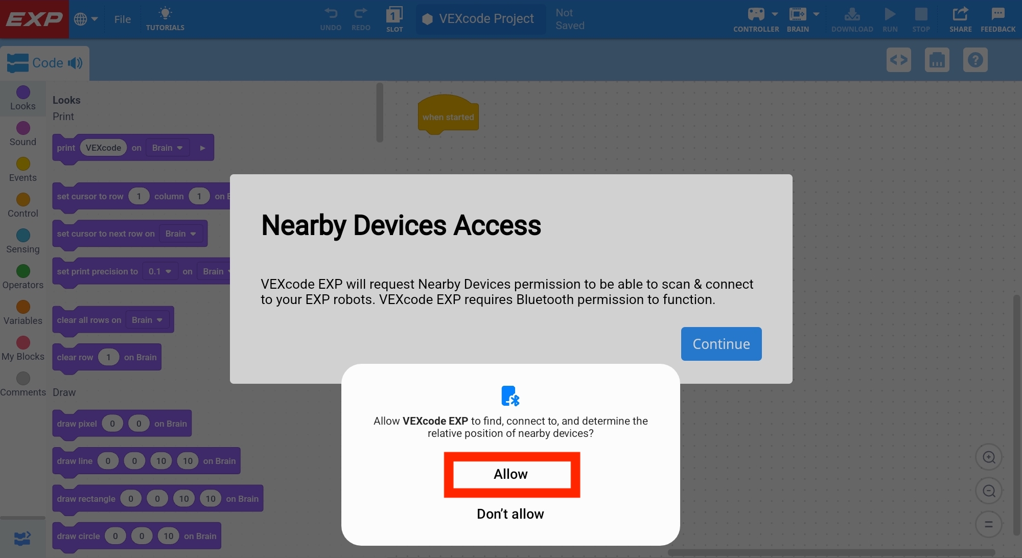 Wilt u vanaf het Android-apparaat toegang krijgen tot apparaten in de buurt met de vraag 'VEXcode EXP toestaan om apparaten in de buurt te vinden, er verbinding mee te maken en hun relatieve positie te bepalen?' De optie Toestaan hieronder is gemarkeerd.
