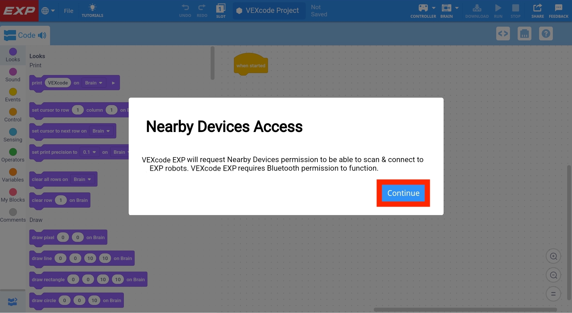 アプリケーションを起動すると、「VEXcode EXP は EXP ロボットをスキャンして接続できるようにするために、近くのデバイスの許可を要求します」という、VEXcode EXP 近くのデバイス アクセス プロンプトが表示されます。 VEXcode EXP が機能するには Bluetooth 許可が必要です。' 下の「続行」ボタンが強調表示されています。