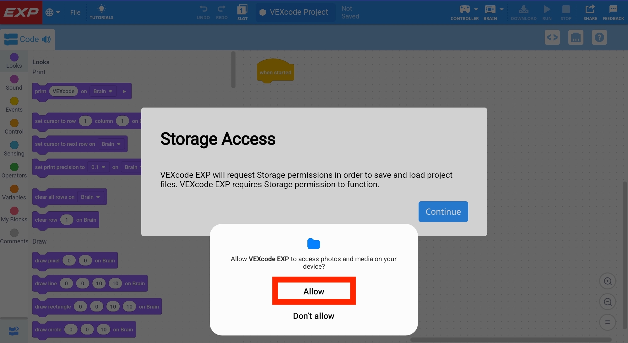 Android cihazda 'VEXcode EXP'nin cihazınızdaki fotoğraflara ve medyaya erişmesine izin verilsin mi?' yazan Depolama İzni istemi. Aşağıdaki İzin Ver butonu vurgulanmıştır.