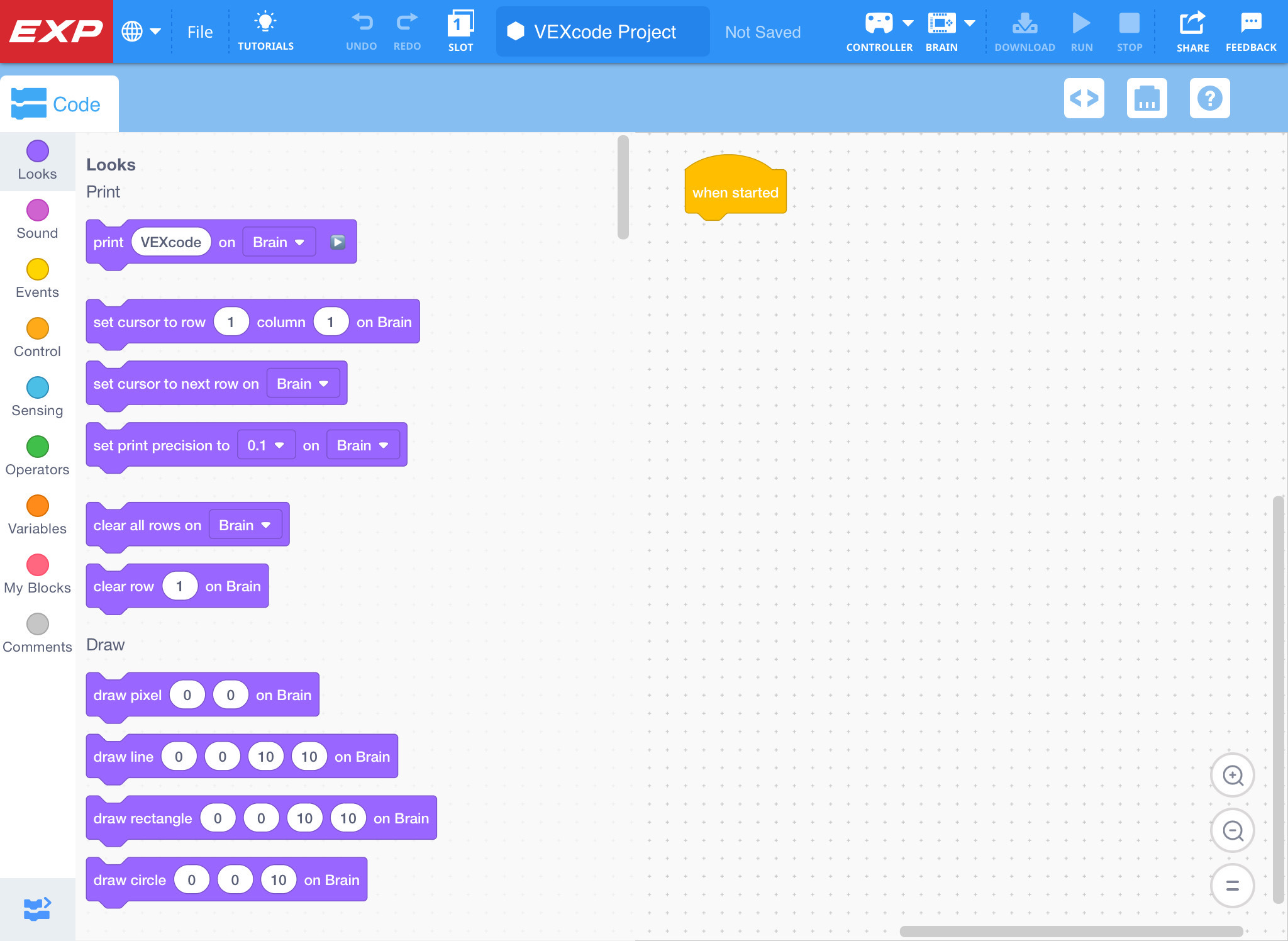 একটি iPad এ VEXcode EXP অ্যাপ্লিকেশন খোলা হয়েছে।