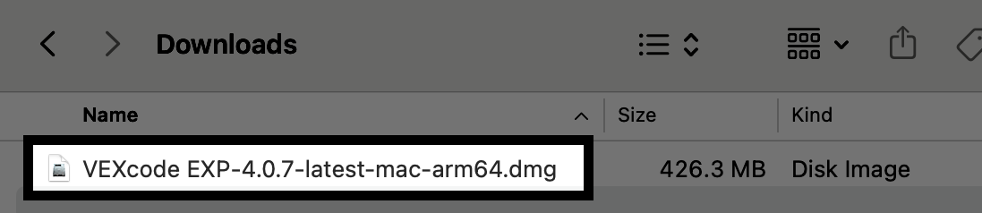 Programme d'installation VEXcode EXP tel qu'il apparaît dans le Finder après son téléchargement pour Mac.