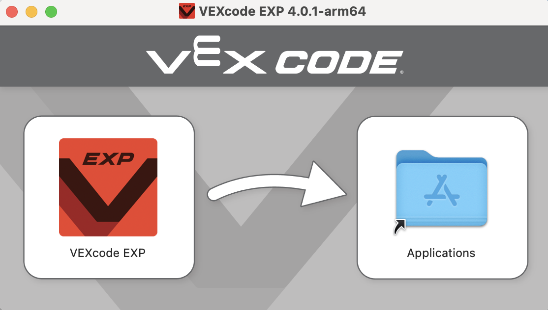 Schermata di installazione di VEXcode EXP che mostra l'icona di VEXcode EXP accanto all'icona della cartella Applicazioni.
