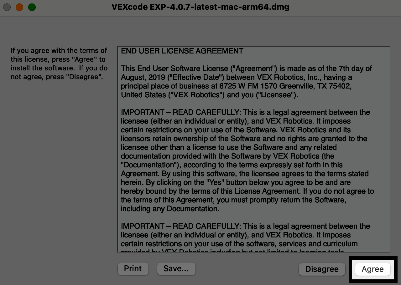 Ventana de configuración de VEXcode EXP que muestra el Contrato de licencia de usuario final. El botón Aceptar a continuación está resaltado.