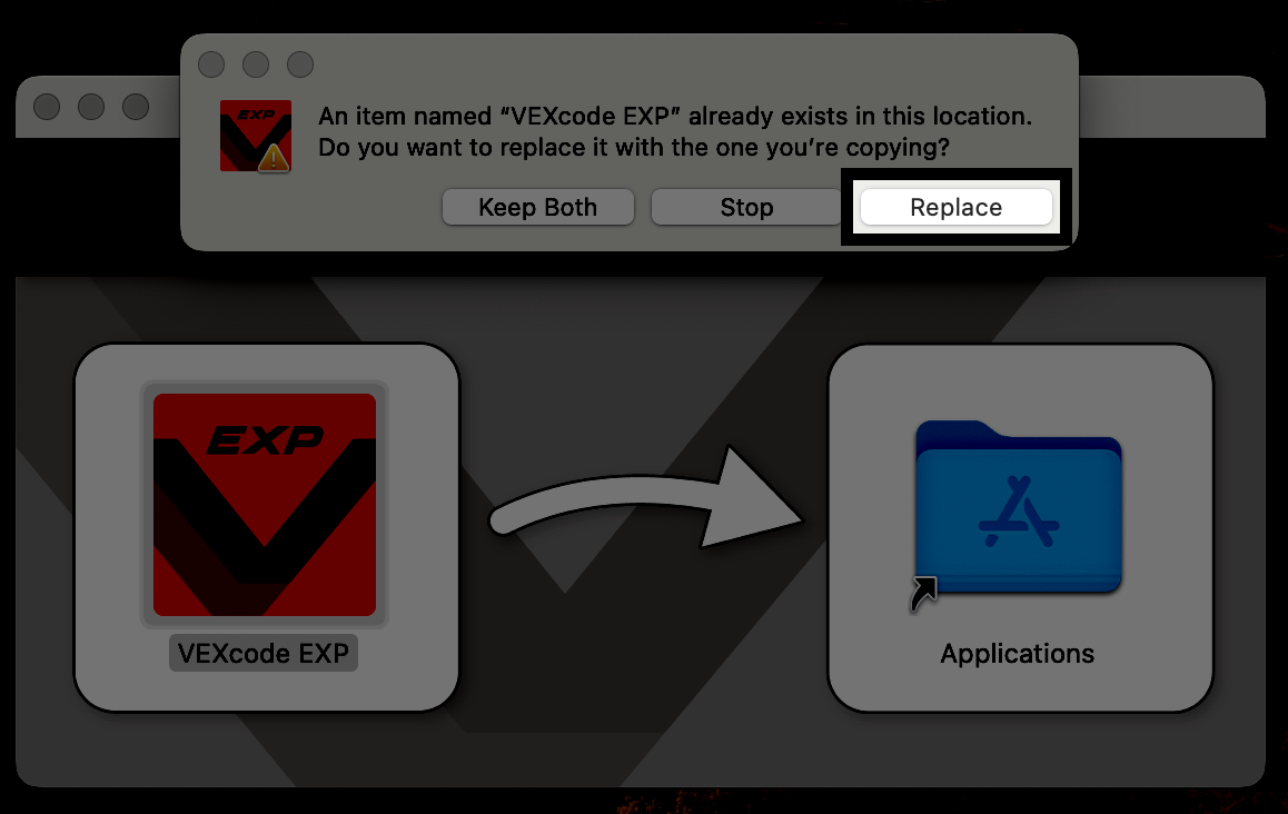 Pantalla de instalación VEXcode EXP con una advertencia emergente después de iniciar el proceso de instalación. La advertencia dice Un elemento antiguo llamado VEXcode EXP ya existe en esta ubicación. ¿Desea reemplazarlo por el más nuevo que está copiando? El botón Reemplazar a continuación está resaltado.