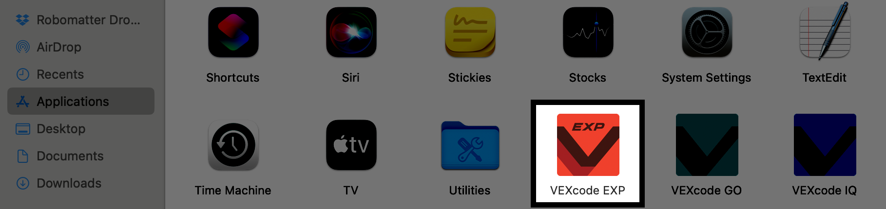 Uygulamalar klasöründe gösterilen VEXcode EXP uygulama simgesi.