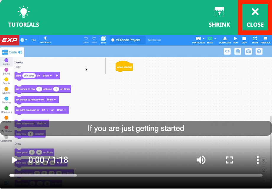 Video tutorial terbuka, dan ikon Tutup di sudut kanan atas disorot.