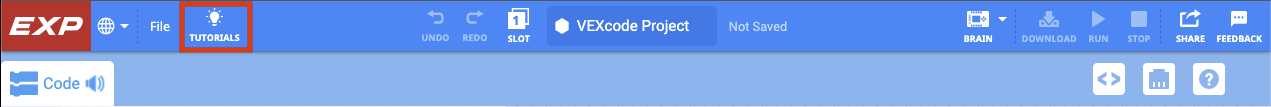 Barra de herramientas VEXcode EXP con el icono de tutoriales resaltado a la derecha del icono de archivo.