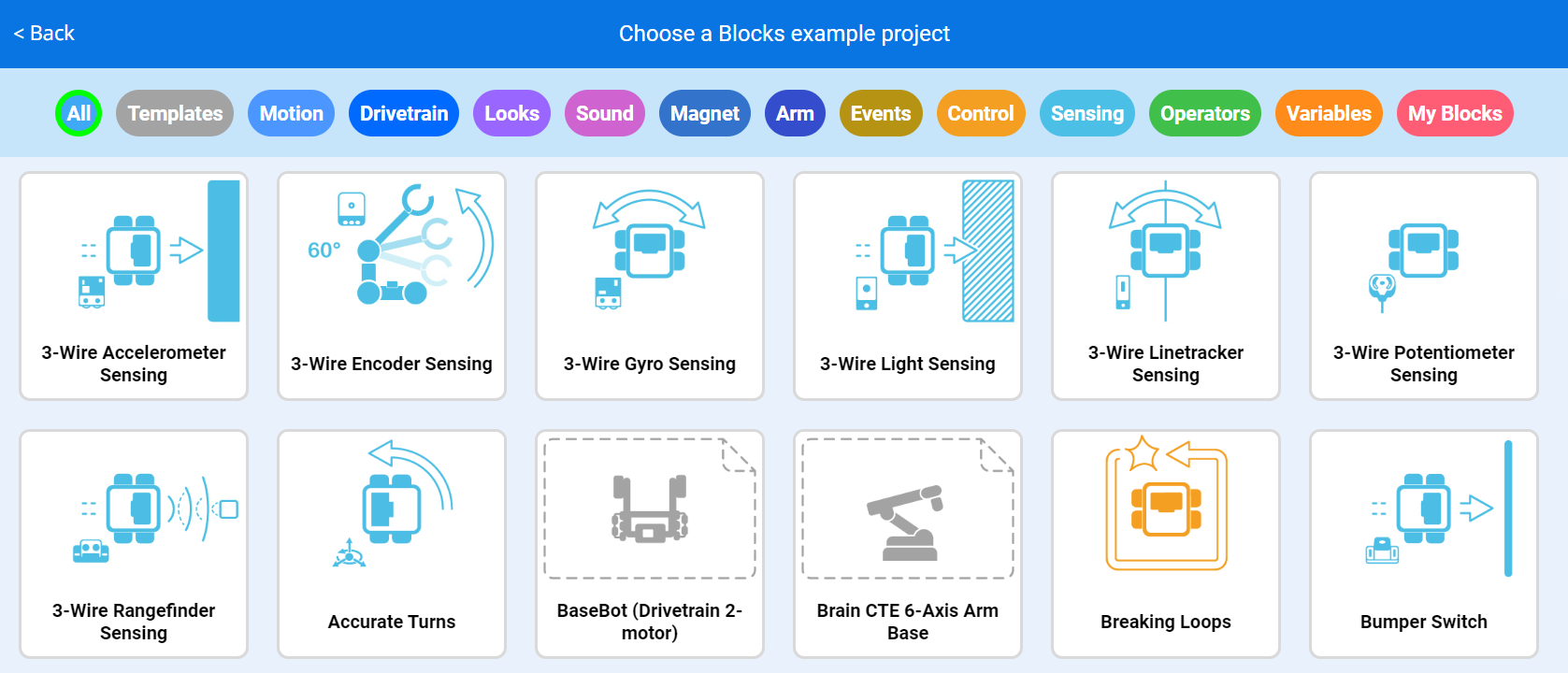 „VEXcode Blocks“ pavyzdžių projektų meniu su įvairiais projektais skirtingose ​​kategorijose.