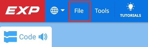 Barra de herramientas VEXcode EXP con la opción Archivo resaltada entre las opciones Idioma y Herramientas.