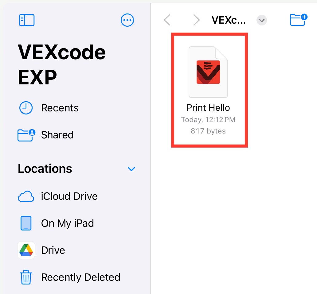 Iepriekš saglabātais VEXcode EXP projekts ir redzams ierīces failos un ir iezīmēts.