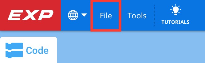 Barre d'outils VEXcode EXP avec l'option Fichier mise en évidence entre les options Langue et Outils.