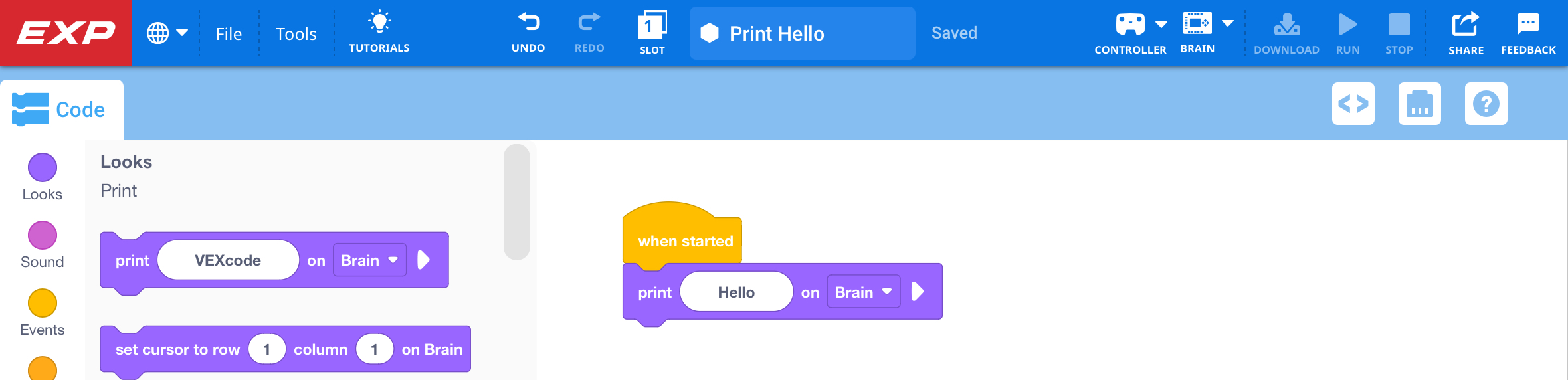 VEXcode EXP con un proyecto de bloques previamente guardado se abrió correctamente en el área de trabajo.