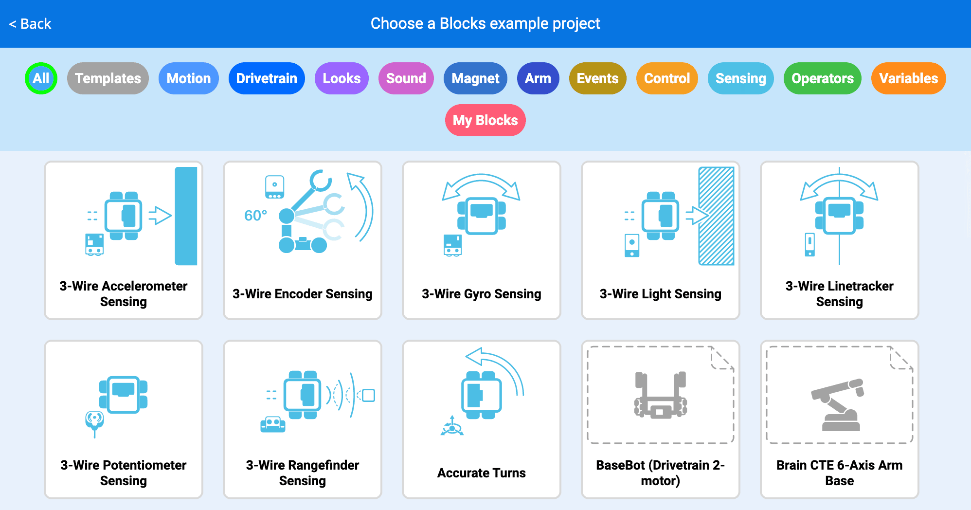 Menu Progetti di esempio di blocchi VEXcode con una varietà di progetti in diverse categorie tra cui scegliere.