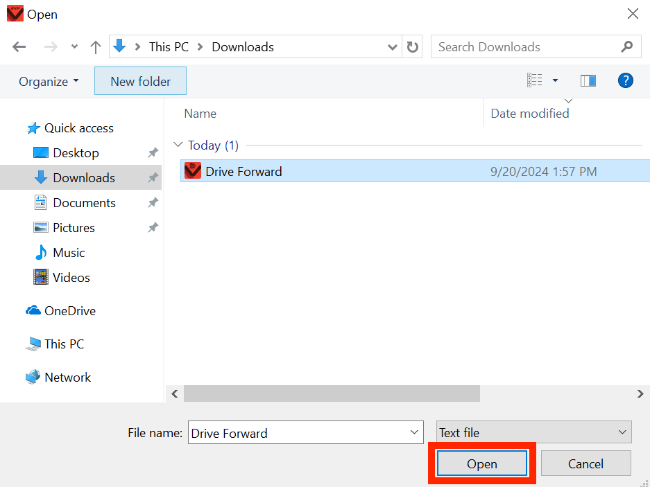 เลือกโครงการ VEXcode EXP ที่บันทึกไว้ก่อนหน้านี้ในไฟล์ของอุปกรณ์ และปุ่มเปิดที่ด้านล่างของเมนูจะถูกเน้น