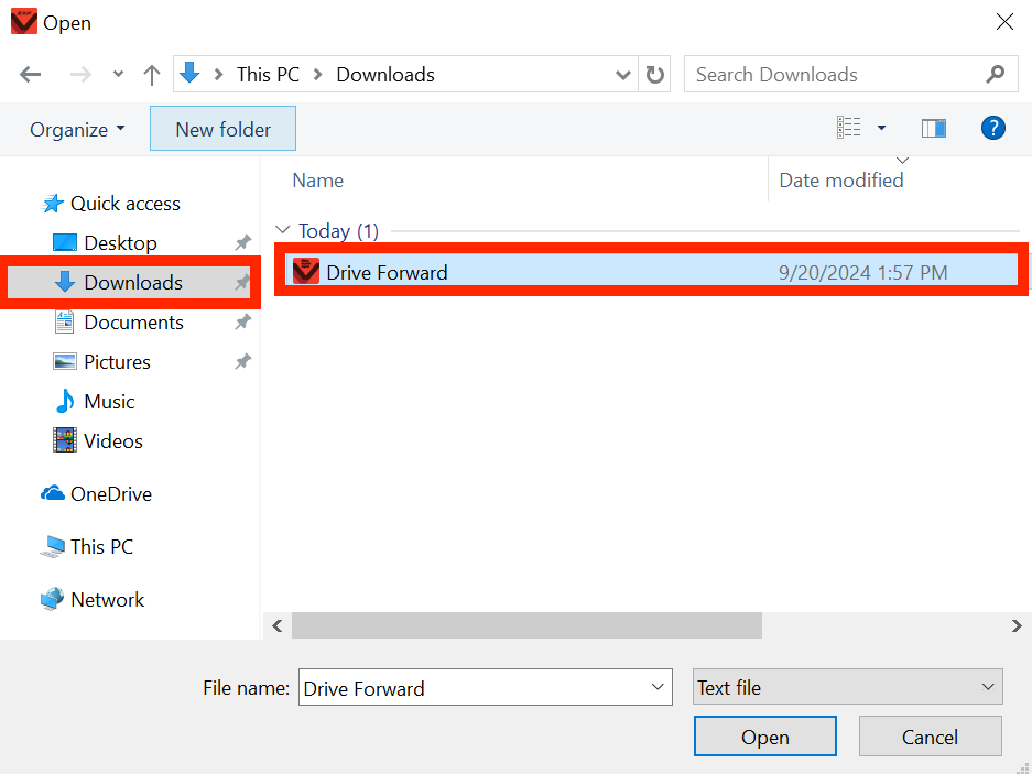 Proyek VEXcode EXP yang disimpan sebelumnya dapat terlihat dari file perangkat dan disorot.