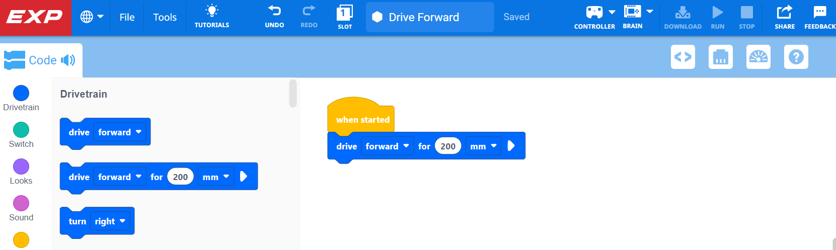 Жұмыс кеңістігінде бұрын сақталған Blocks жобасы бар VEXcode EXP сәтті ашылды.