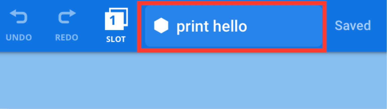 Pasek narzędzi VEXcode EXP z wyróżnionym polem nazwy projektu i zmianą na print hello.