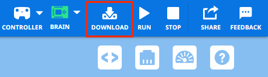 Barra degli strumenti VEXcode EXP con l'icona Download evidenziata tra le icone Brain ed Run.