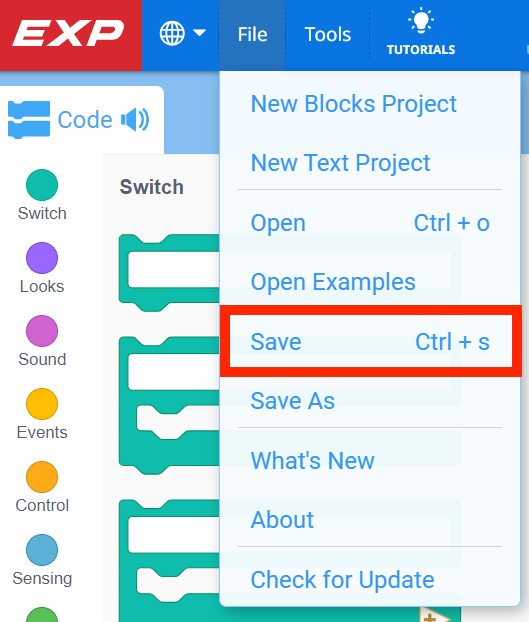 VEXcode EXP Toolbar mit geöffnetem Menü „Datei“ und hervorgehobener Option „Speichern“. Speichern ist die fünfte Option im Menü, unterhalb von Neues Blockprojekt, Neues Textprojekt, Öffnen und Beispiele öffnen.