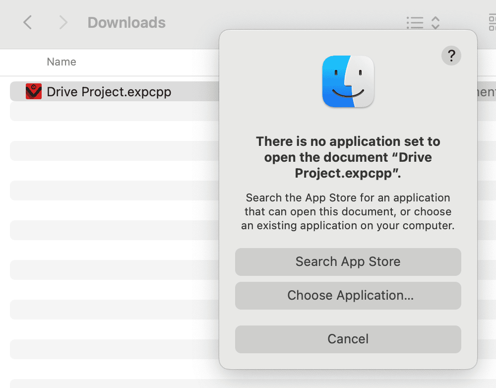 موجه خطأ فتح مستند MacOS الذي ينص على أنه لا يوجد تطبيق محدد لفتح المستند Drive Project.expcpp. ابحث في متجر التطبيقات عن تطبيق يمكنه فتح هذا المستند، أو اختر تطبيقًا موجودًا على جهاز الكمبيوتر لديك. فيما يلي ثلاثة خيارات، وهي البحث في متجر التطبيقات، واختيار التطبيق، وإلغاء الأمر.