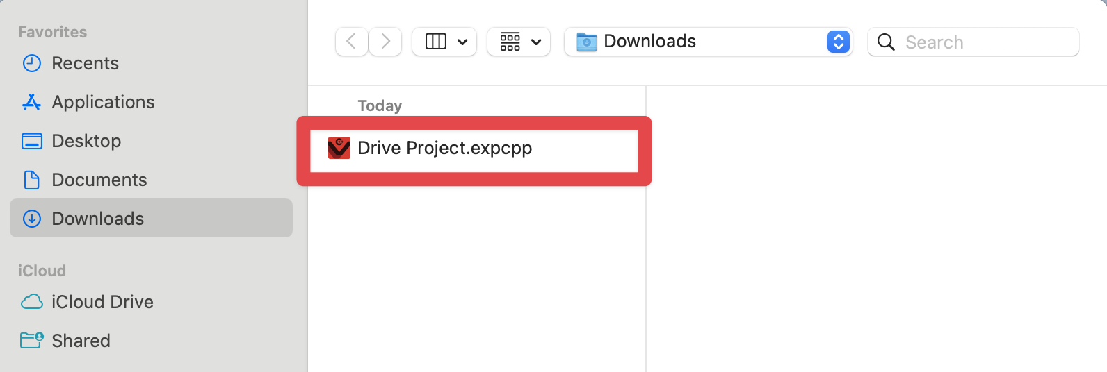 পূর্বে সংরক্ষিত VEXcode EXP প্রকল্পটি ডিভাইসের ফাইল থেকে দৃশ্যমান এবং হাইলাইট করা হয়।
