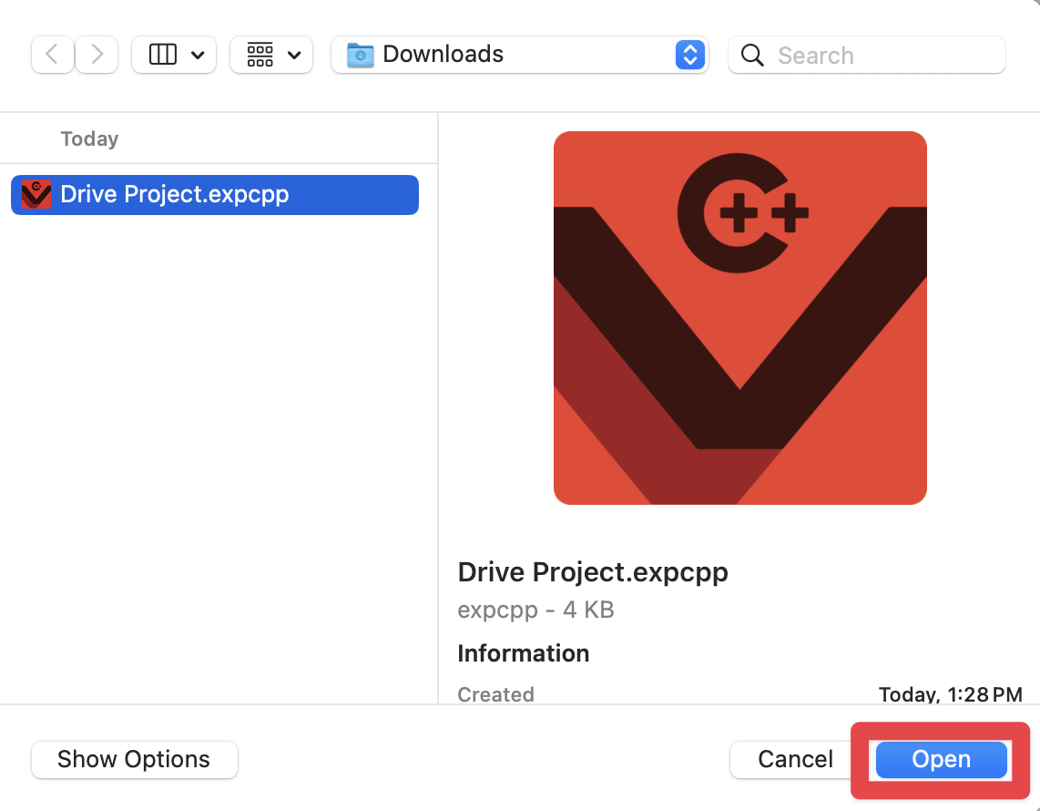 Dự án VEXcode EXP đã lưu trước đó trong các tệp của thiết bị được chọn và nút Mở ở cuối menu được tô sáng.