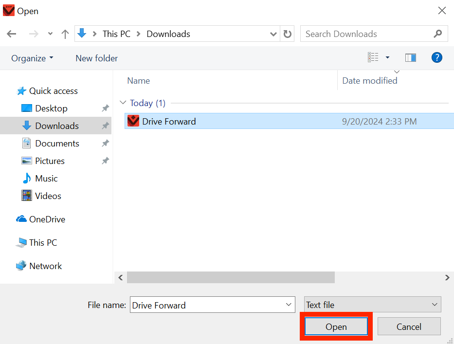 ডিভাইসের ফাইলগুলিতে পূর্বে সংরক্ষিত VEXcode EXP প্রকল্পটি নির্বাচন করা হয় এবং মেনুর নীচের অংশে "খুলুন" বোতামটি হাইলাইট করা হয়।