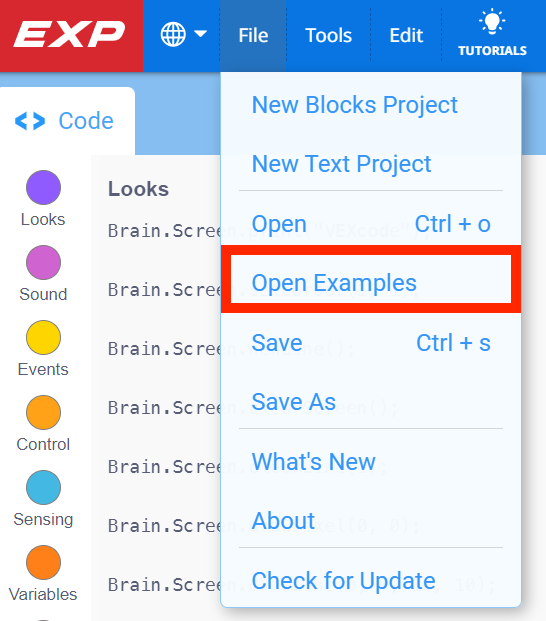 Barra de ferramentas VEXcode EXP com o menu Ficheiro aberto e a opção Abrir exemplos selecionada. Abrir exemplos é a quarta opção no menu, abaixo de Novo projeto de blocos, Novo projeto de texto e Abrir.