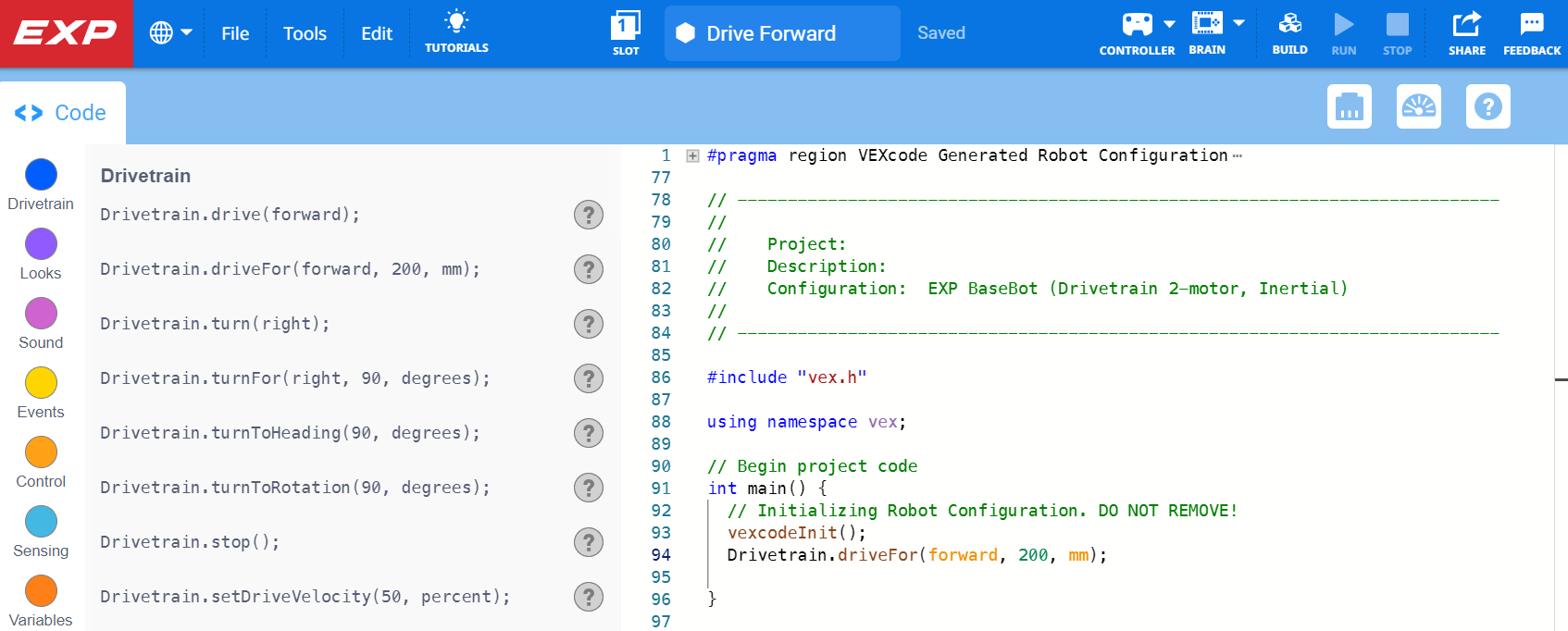V pracovním prostoru se úspěšně otevřel soubor VEXcode EXP s dříve uloženým projektem C++.