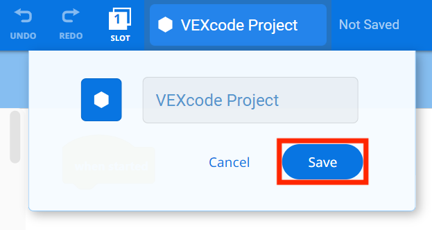 Atvērta VEXcode EXP projekta nosaukuma nolaižamā izvēlne, kurā var mainīt nosaukumu. Zemāk esošā poga Saglabāt ir iezīmēta.