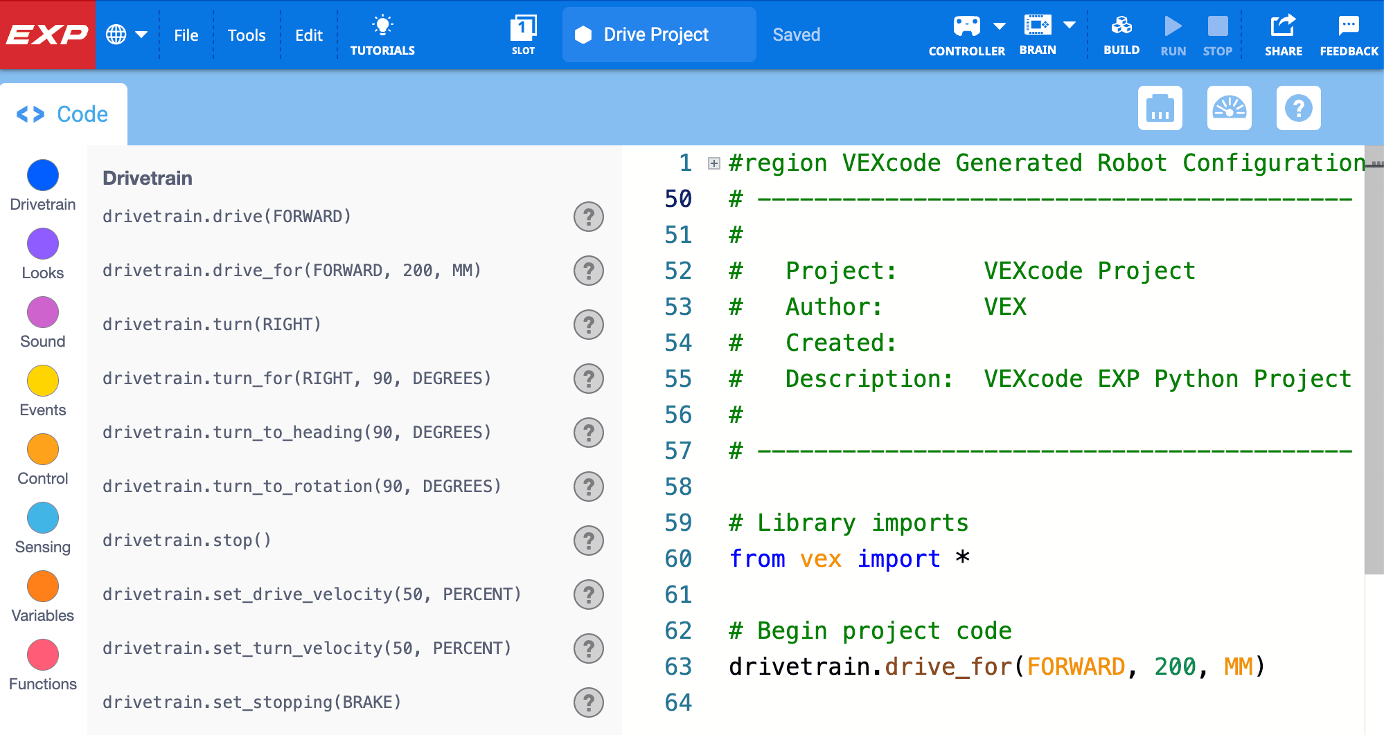 VEXcode EXP aiemmin tallennetulla Python-projektilla avattiin onnistuneesti työtilassa.