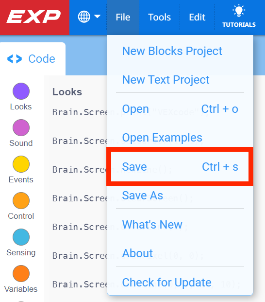 Thanh công cụ VEXcode EXP với menu File mở và tùy chọn Save được tô sáng. Lưu là tùy chọn thứ năm trong menu, bên dưới Dự án khối mới, Dự án văn bản mới, Mở và Mở ví dụ.
