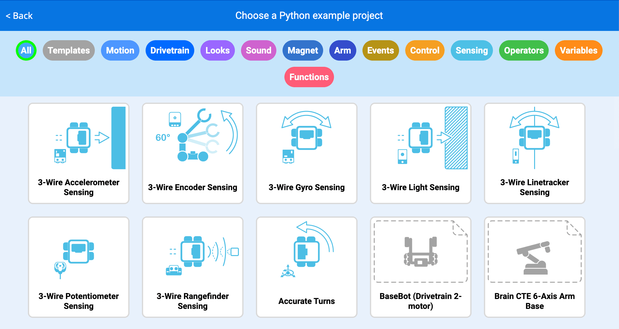 Nabídka příkladů projektů VEXcode s výběrem z různých projektů v různých kategoriích.
