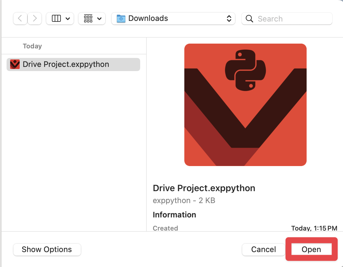 VEXcode EXP python प्रोजेक्ट चयनित macOS डिवाइस पर फाइंडर विंडो। नीचे स्थित ओपन बटन के चारों ओर एक लाल बॉक्स है।