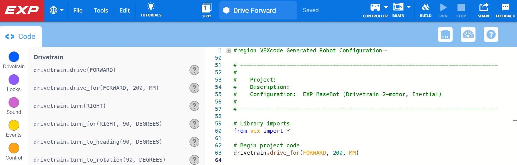 VEXcode EXP su anksčiau išsaugotu Python projektu sėkmingai atidarytas darbo srityje.