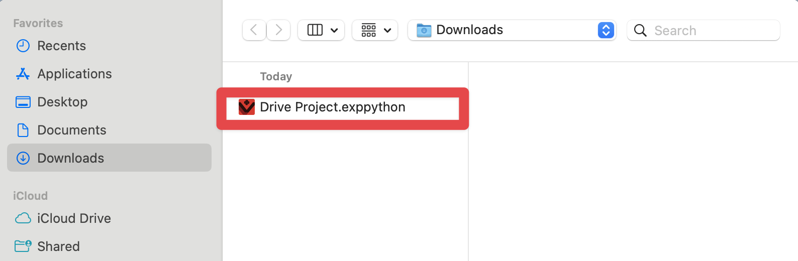 Dự án VEXcode EXP đã lưu trước đó sẽ hiển thị trong các tệp của thiết bị và được đánh dấu.