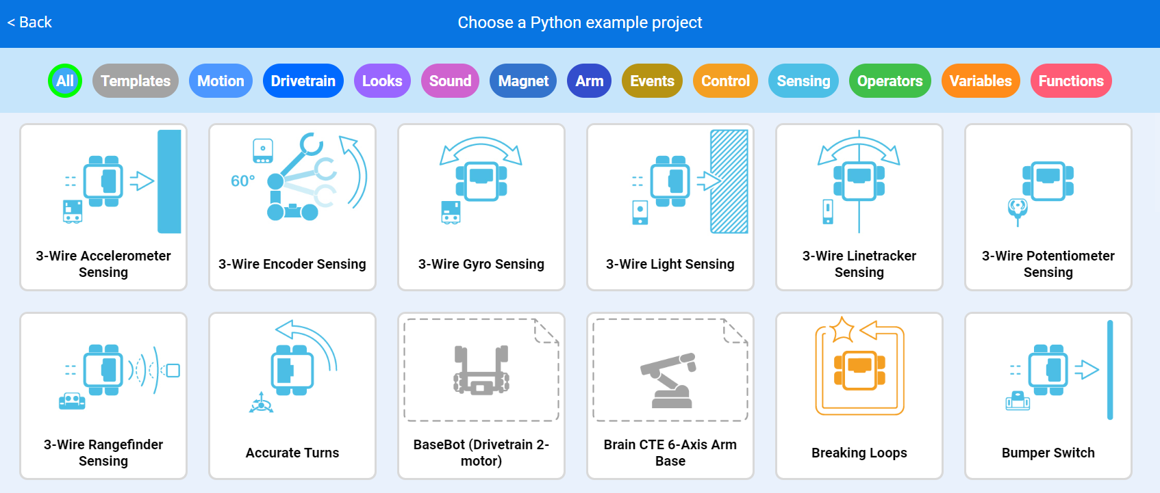 VEXcode Példaprojektek menü, ahol számos különböző kategóriába tartozó projekt közül választhat.