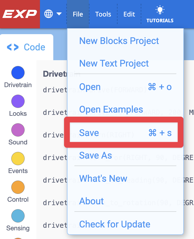 VEXcode EXP ツールバーのファイル メニューが開き、保存オプションが強調表示されています。 「保存」は、メニューの「新しいブロック プロジェクト」、「新しいテキスト プロジェクト」、「開く」、および「例を開く」の下にある 5 番目のオプションです。