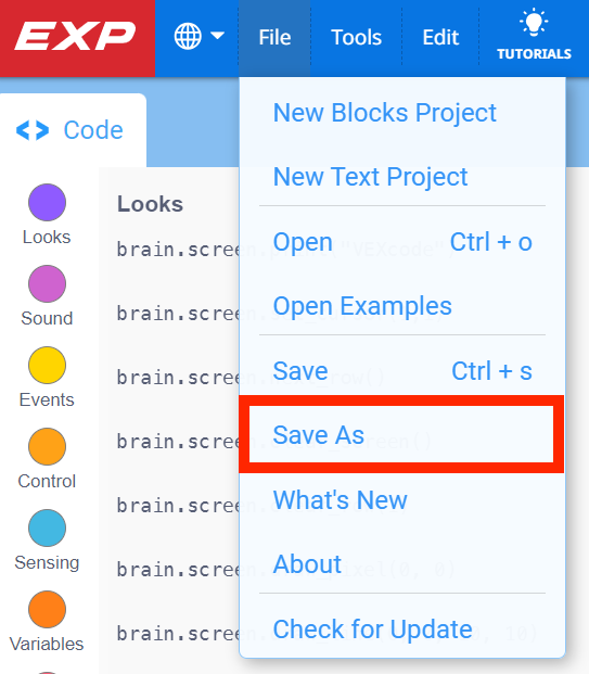 Barre d'outils VEXcode EXP avec le menu Fichier ouvert et l'option Enregistrer sous sélectionnée. « Enregistrer sous » est la sixième option du menu, sous « Nouveau projet de blocs », « Nouveau projet de texte », « Ouvrir », « Ouvrir des exemples » et « Enregistrer ».