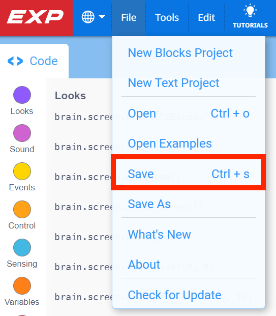 Toolbar VEXcode EXP dengan menu File terbuka dan opsi Simpan disorot. Simpan adalah pilihan kelima dalam menu, di bawah Proyek Blok Baru, Proyek Teks Baru, Buka, dan Buka Contoh.